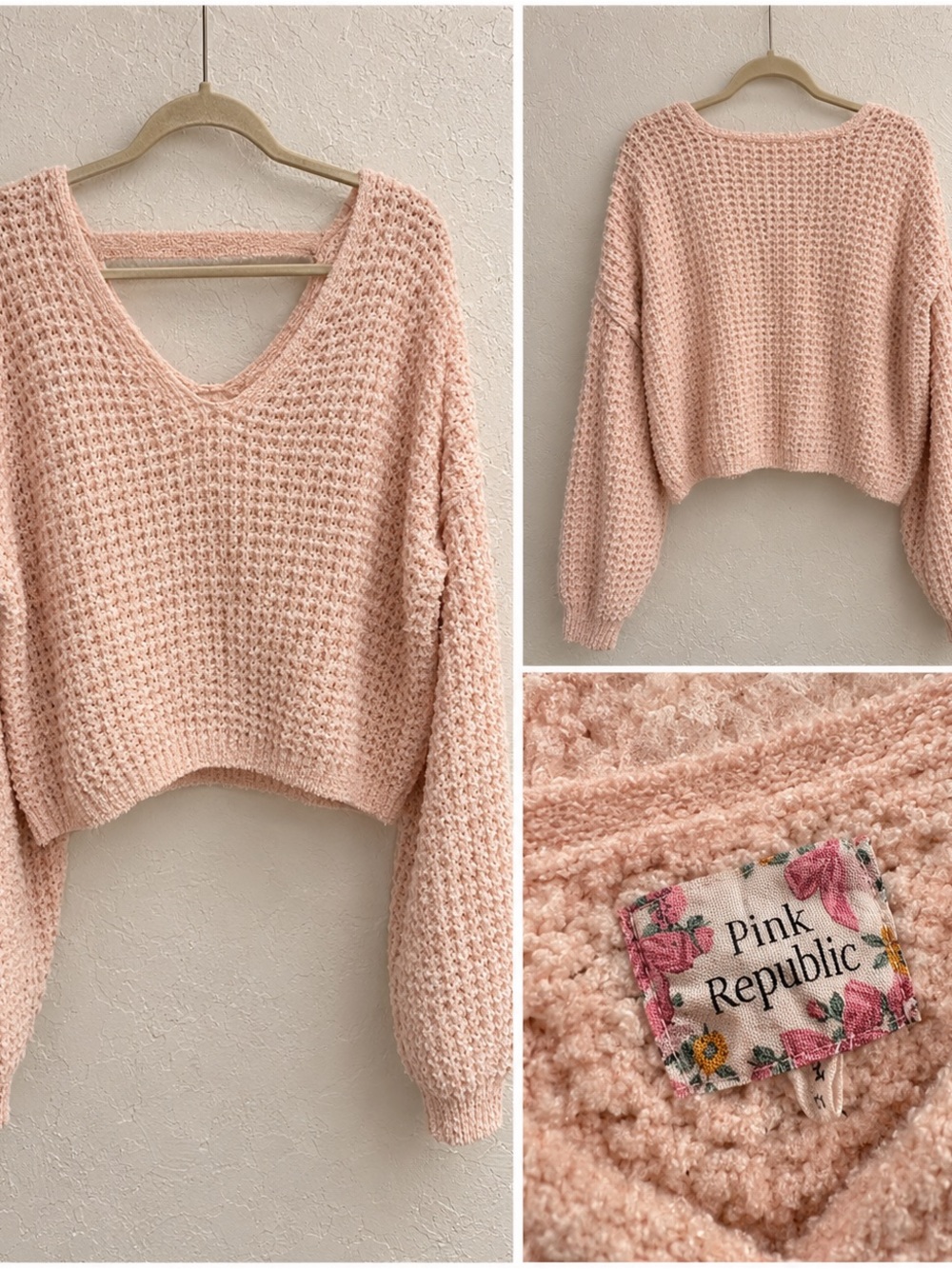 Pink Republic Cropped V-Neck Sweater in Blush